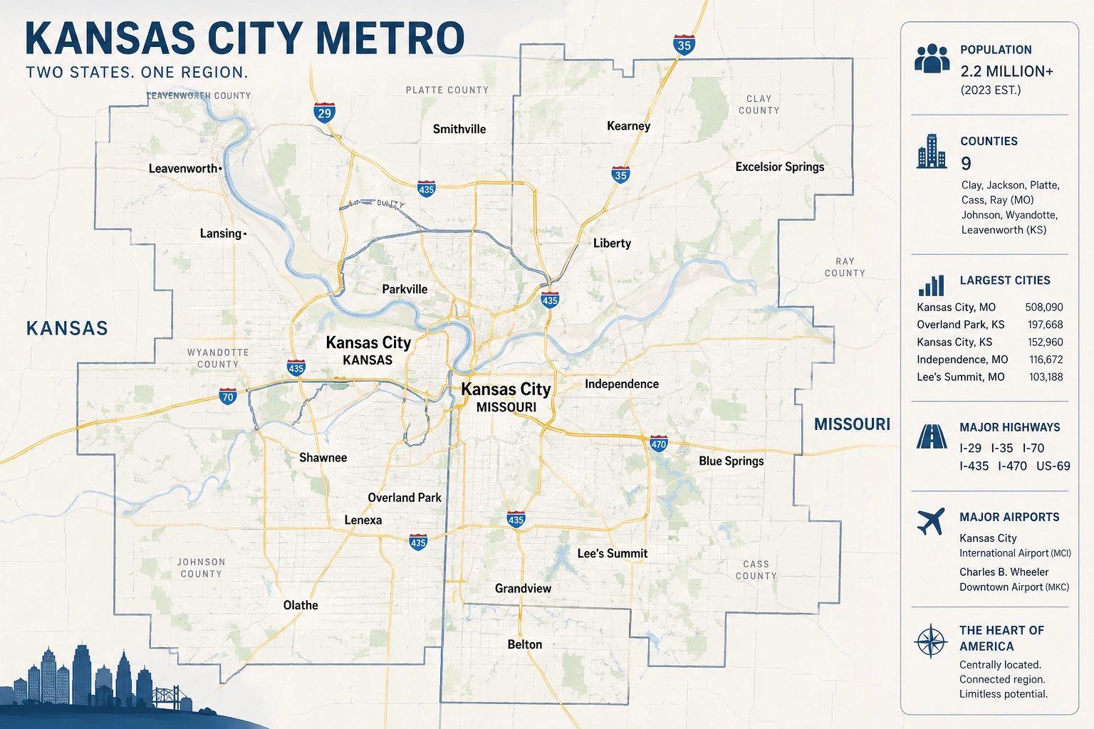 Map of the Kansas City metro area showing service locations across Missouri and Kansas