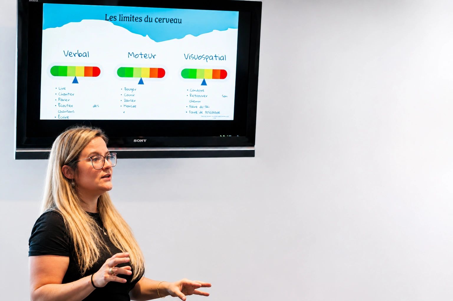 Woman giving a presentation on brain limits with a screen showing verbal, motor, and visuospatial skills.