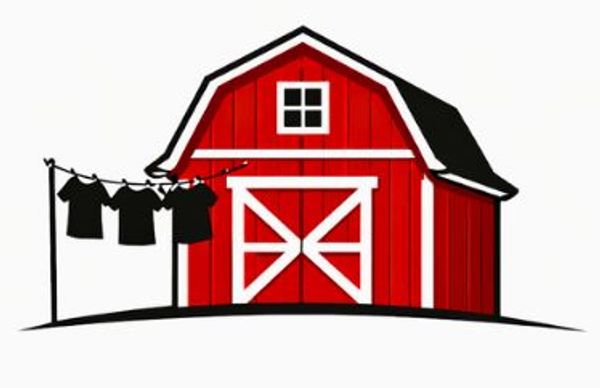 Illustration of a red barn with clothes hung to dry.