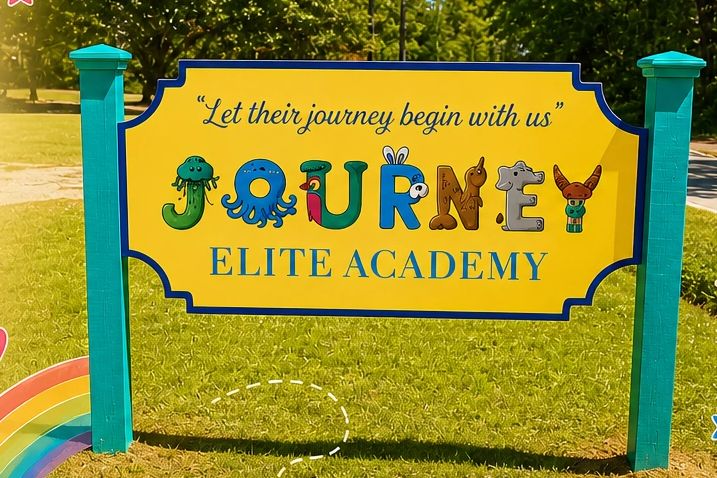 Colorful sign for Journey Elite Academy with playful animal letters.