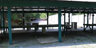 Outdoor shooting range with covered firing line and targets.