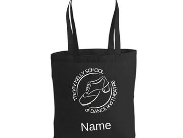 Black tote bag with dance shoes logo and customizable name space.