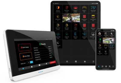 Smart home security panel, tablet, and mobile phone.