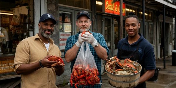 Three men holding fresh seafood, including lobsters and crabs, outside a seafood market.
