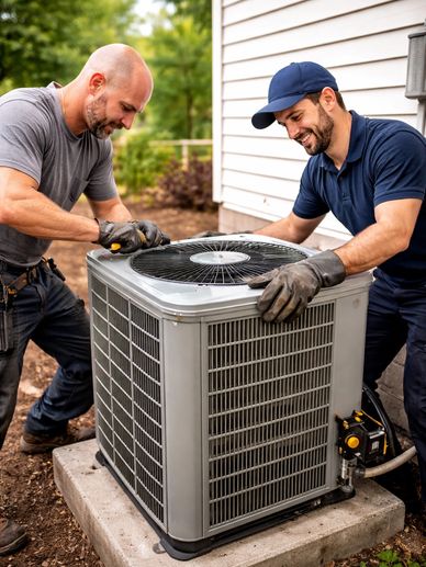 Professional AC installation at a coastal home