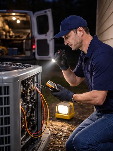 HVAC technician performing emergency after hours service on an outdoor air conditioning unit.