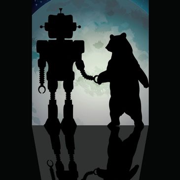 Silhouettes of a robot and a bear holding hands under a moonlit sky.