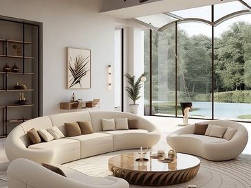 Modern living room with curved sofas and large windows overlooking a pool and garden.