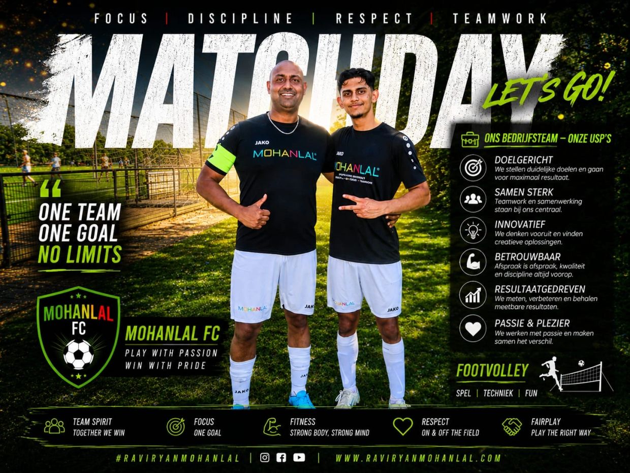 Two soccer players from Mohanlal FC stand confidently on the field with motivational text and team values.