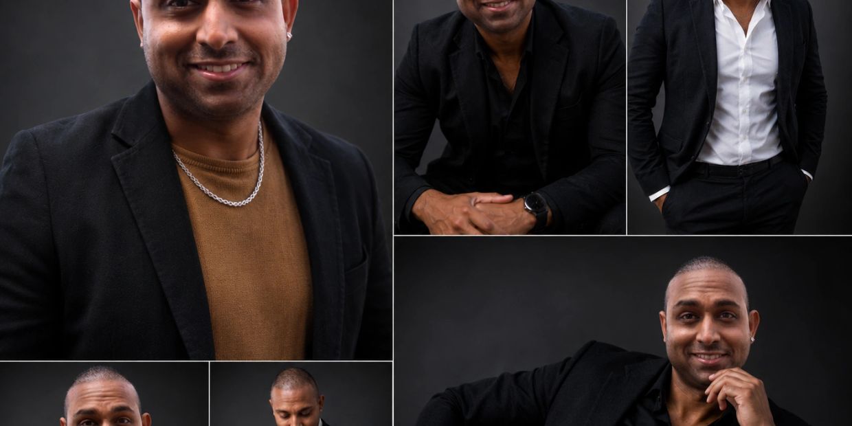Portret collage van een man in verschillende poses met zwarte jas en bruin shirt.