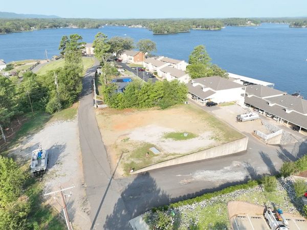 Aerial view of a lakeside community with houses and a boat near the water.