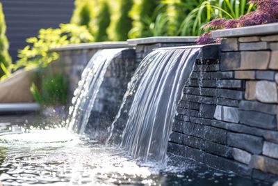 Water cascades over a stone wall into a pool, creating a serene waterfall effect.