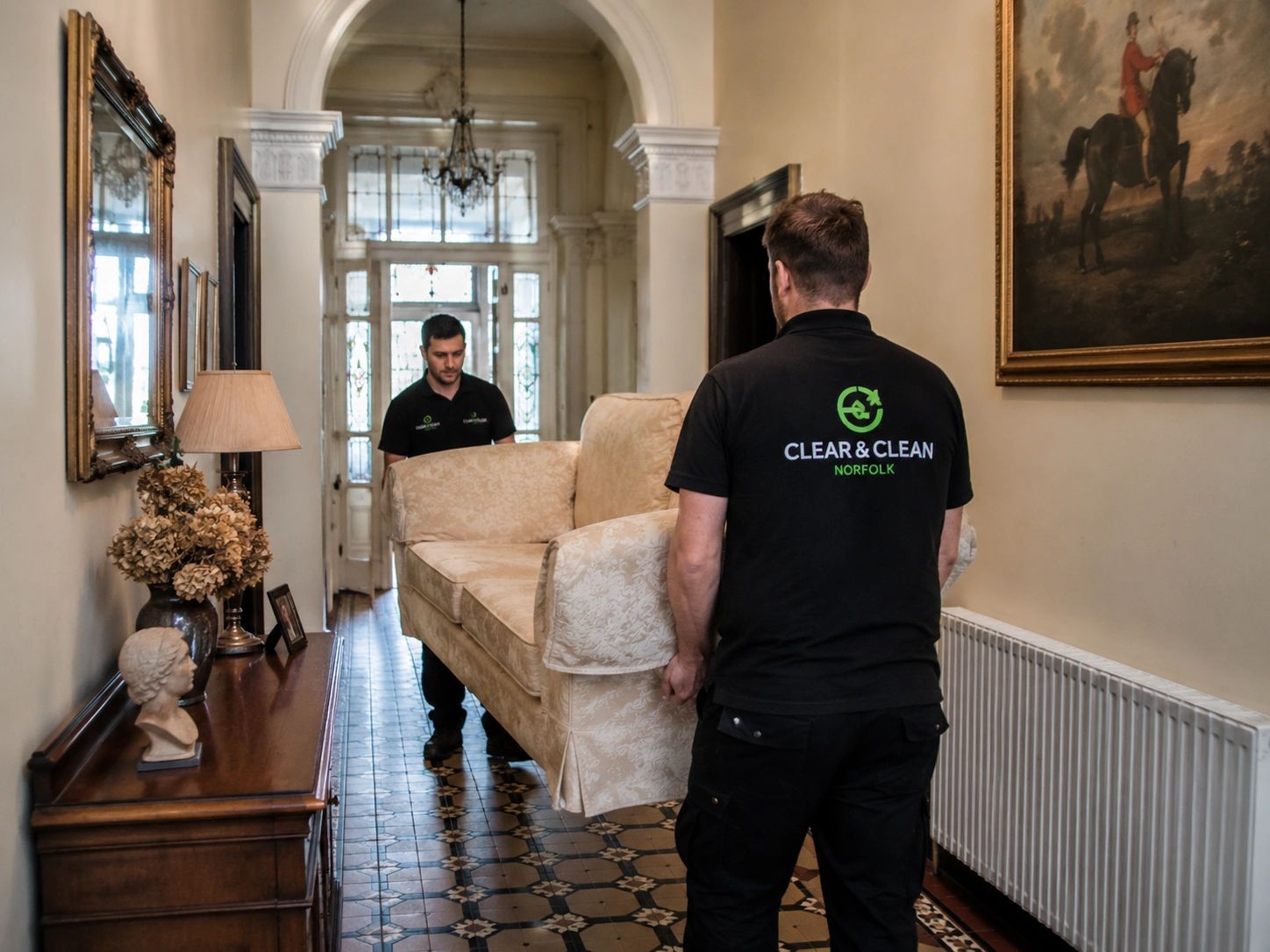 Two movers carrying a sofa in a hallway.