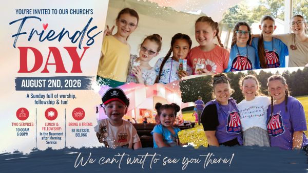 Invitation to church's Friends Day on August 2nd, 2026, with worship and fellowship.