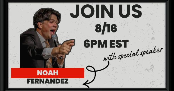 Promotional poster for talk by Noah Fernandez on 8/16 at 6PM EST.