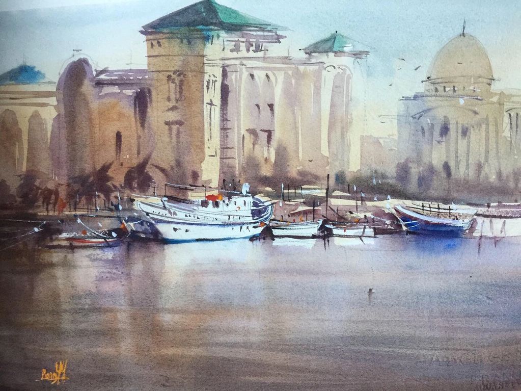Khalid Port area, Sharjah, 30 cm x 40cm - on 300 gsm Arches watercolor paper. Plein Air painting (Ma