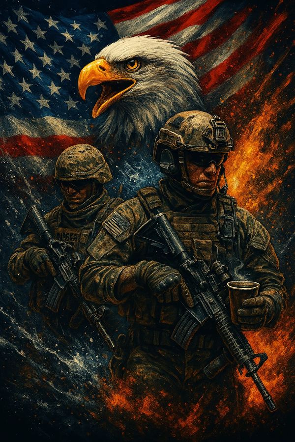 super patriotic army rangers with an eagle drinking ranger dust coffee with fire and ice and flag.