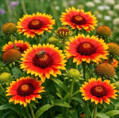 Bright orange and red flowers with yellow edges blooming in a green garden.
