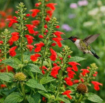 A hummingbird feeding from vibrant red flowers in a lush garden.