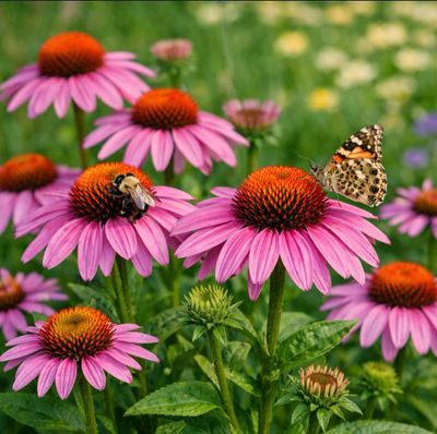 Pink coneflowers with a bee and butterfly in a garden.