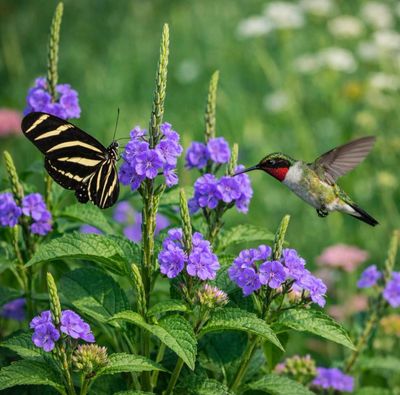 A hummingbird and a butterfly feeding on purple flowers in a garden.