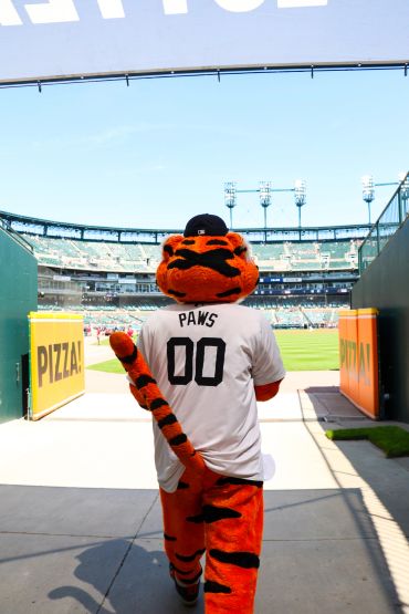 Mascot Paws entering a baseball stadium tunnel.