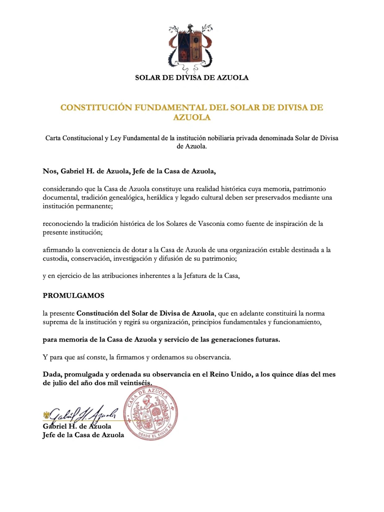Constitución fundamental del Solar de Divisa de Azuola firmada por Gabriel H. de Azuola.