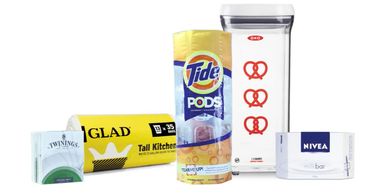 Household essentials including laundry pods, plastic wrap, tea, snacks, and skin cream.