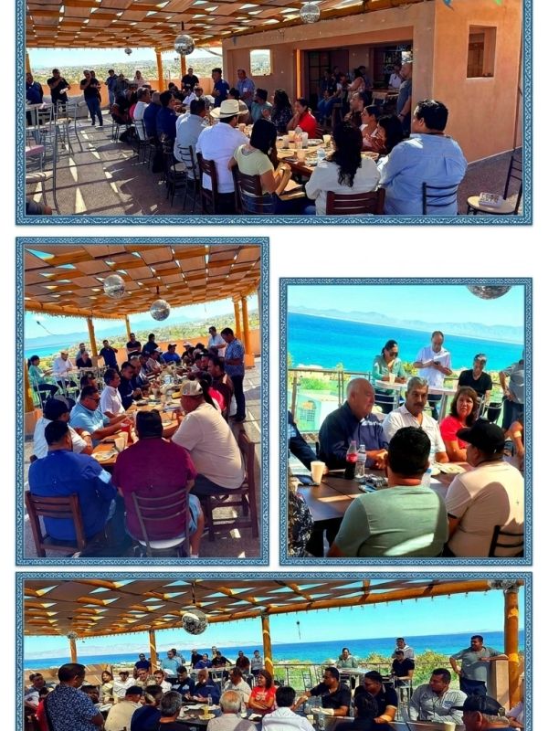 Group gathering at an outdoor venue with ocean views.