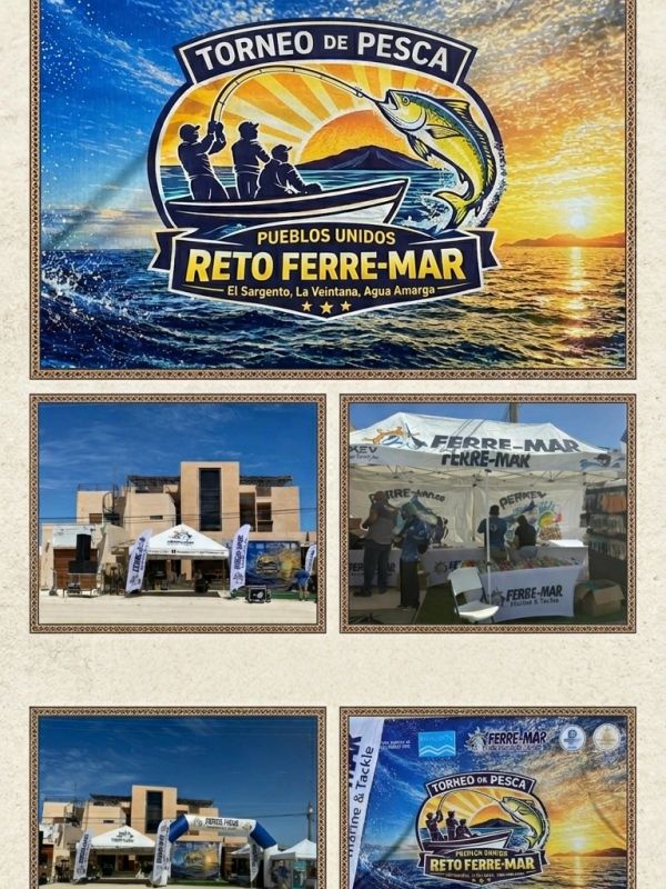 Event banners and booths for Reto Ferre-Mar fishing tournament.