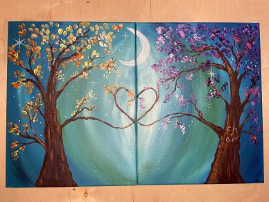 Two blossoming trees with heart-shaped branches under a glowing moon.