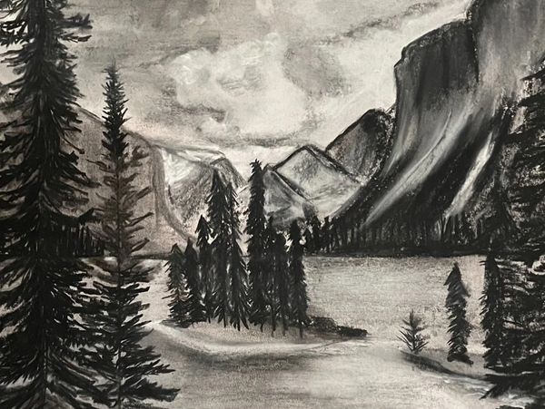 Monochrome painting of a forested mountain landscape with a lake.