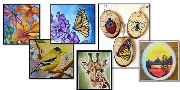 Collage of colorful nature-themed paintings including flowers, birds, butterflies, and landscapes.