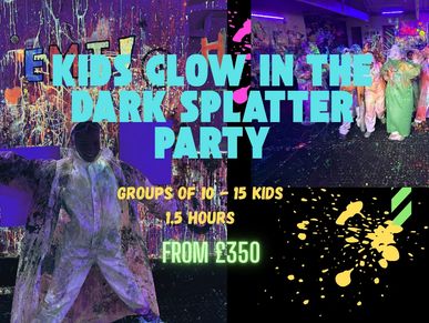 Kids enjoying a glow-in-the-dark splatter party with neon paint and fun.