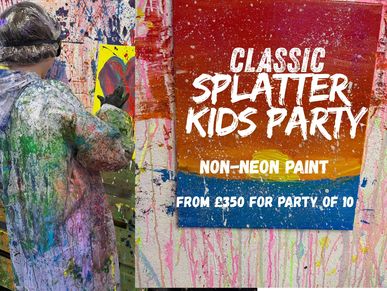 Child painting at a classic splatter kids party with non-neon paint.