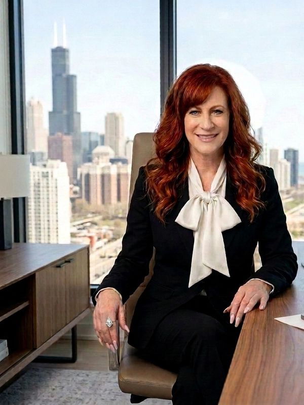 Confident woman in business attire seated at office desk with city skyline behind her.