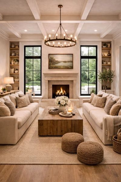 Cozy living room with beige sofas and a lit fireplace.