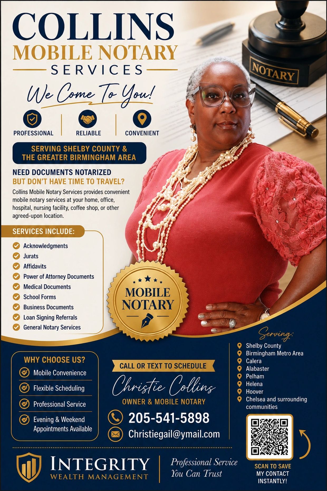 Collins Mobile Notary Services flyer with contact details and service areas.