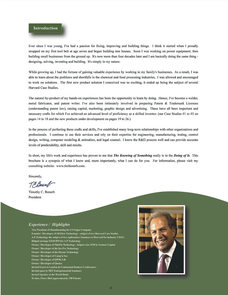 Introduction letter from Timothy C. Bonerb detailing his experience and skills with a professional photo.