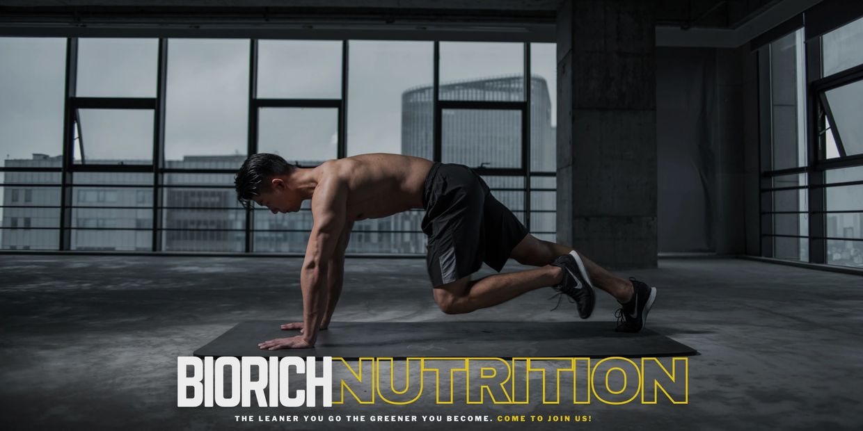 Man exercising indoors on a mat with nutrition ad text.