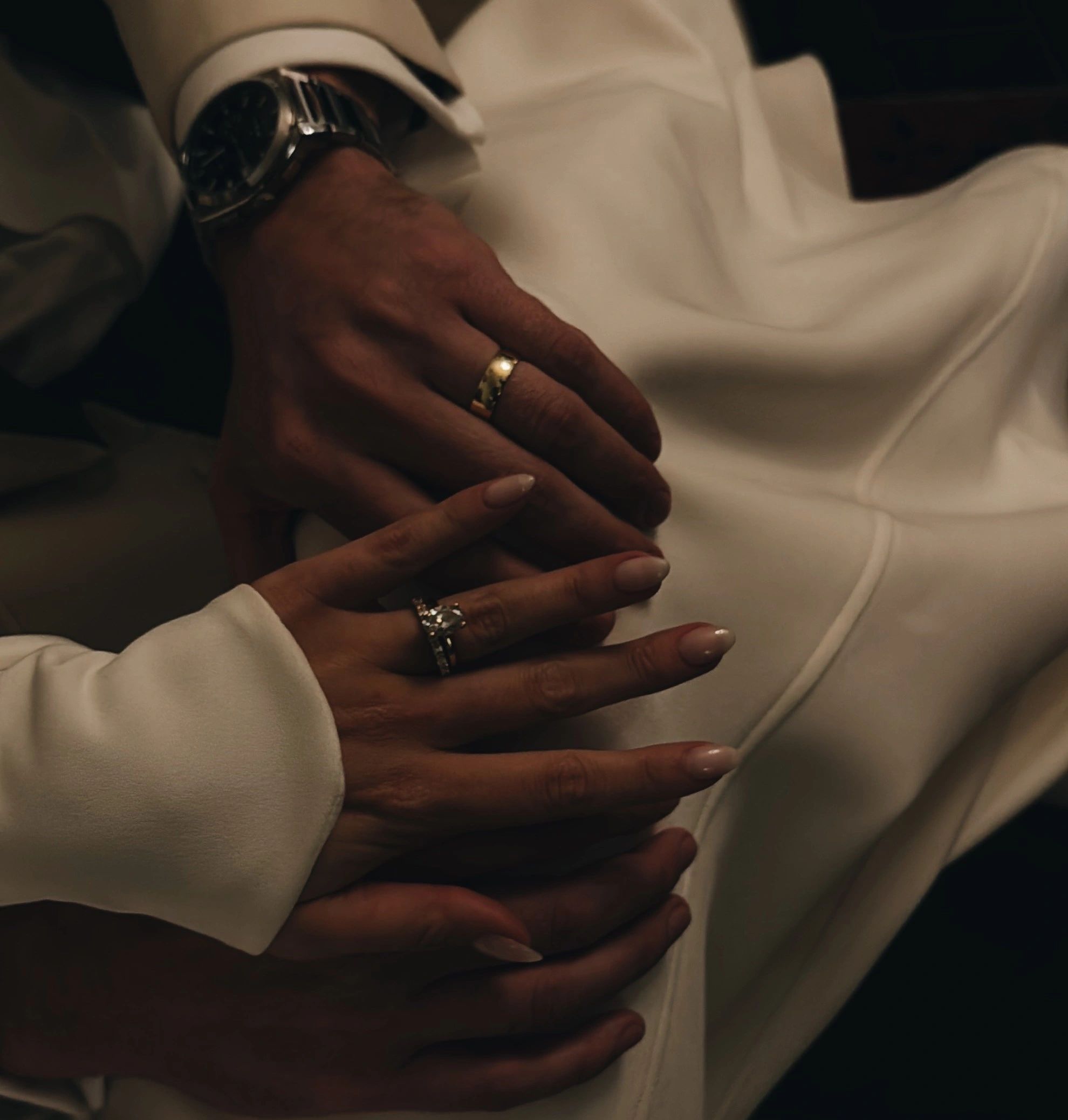 Close-up of hands with wedding rings, symbolizing union and commitment.