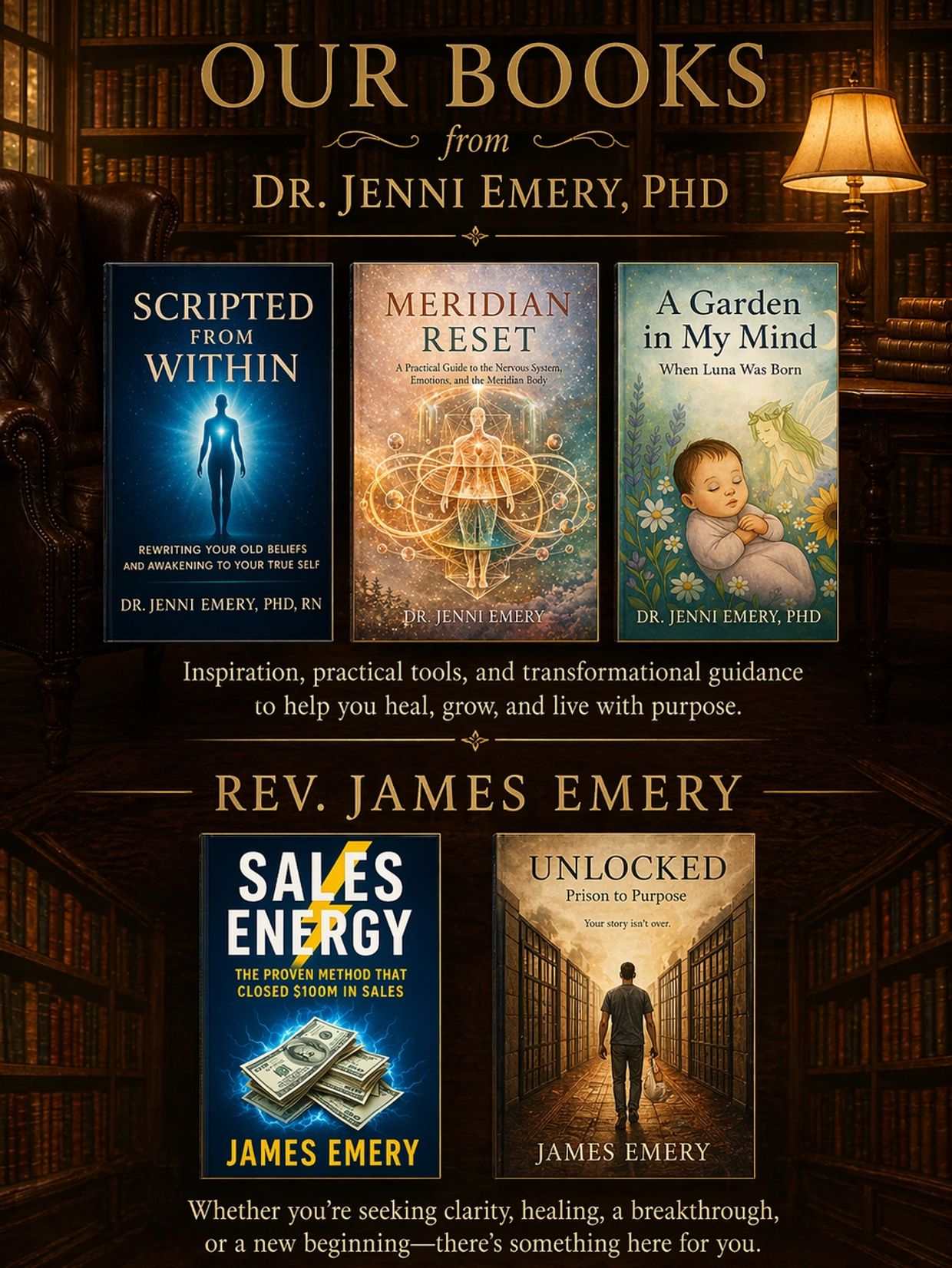 Scripted From Within, Meridian Reset, A Garden in My Mind, Unlocked Prison to purpose, Sales Energy 