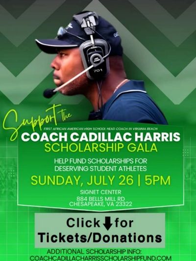 Flyer for Coach Cadillac Harris Scholarship Gala to support student athletes.