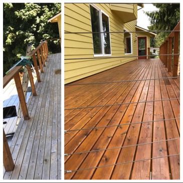 Before and after of a newly stained deck