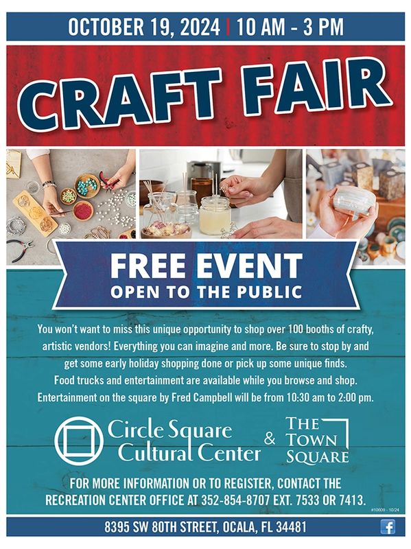 Craft Fair on October 19, 2024, from 10 AM to 3 PM, free and open to the public at Circle Square Cultural Center in Ocala.