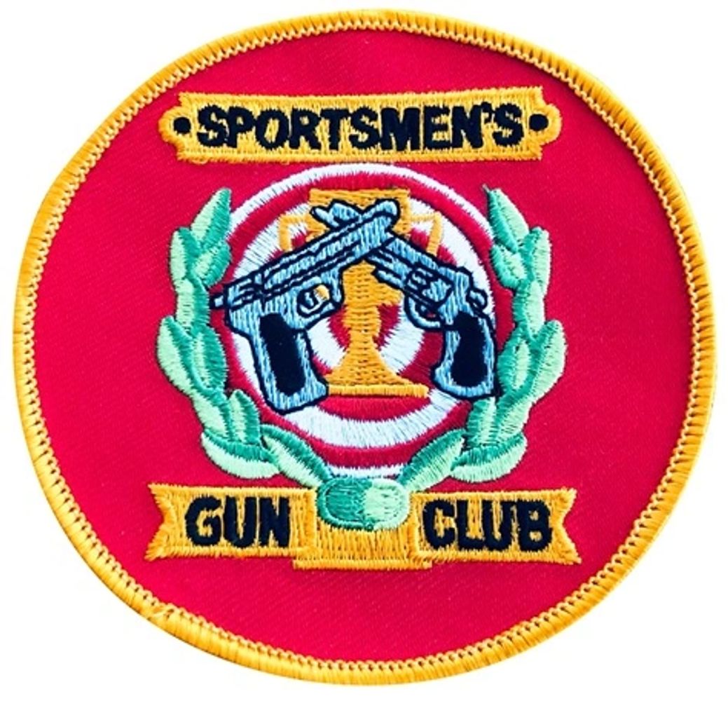 Embroidered patch for Sportsmen's Gun Club with pistols and target.