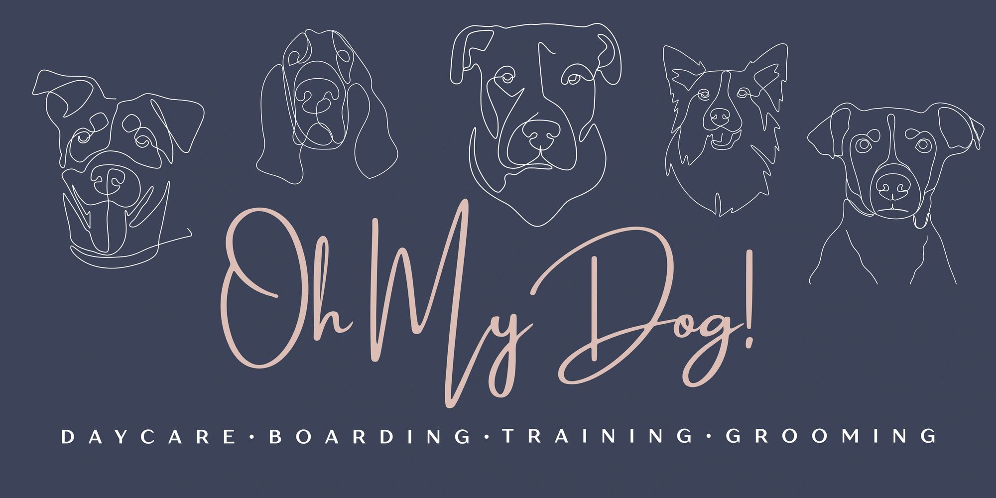 Stylized dog line art with 'Oh My Dog!' and pet care services listed below.