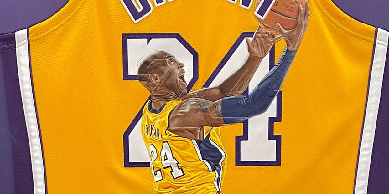 Mark Kannel Kobe Bryant artwork painted on jersey sports memorabilia custom framing Chatham NJ
