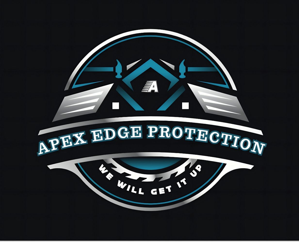 Apex Edge Protection logo with tools and slogan on a dark background.