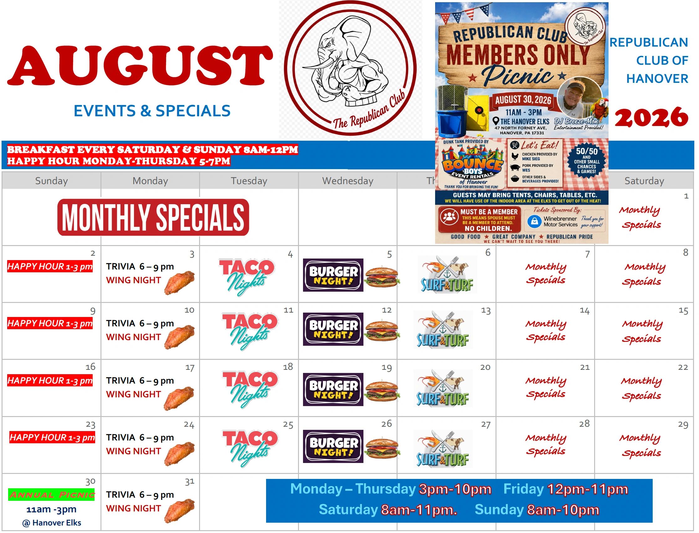 August events calendar with specials and Republican Club picnic info.